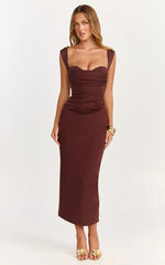 Kenna Maxi Dress - Gathered Bust Tucked Waist Dress in Chocolate