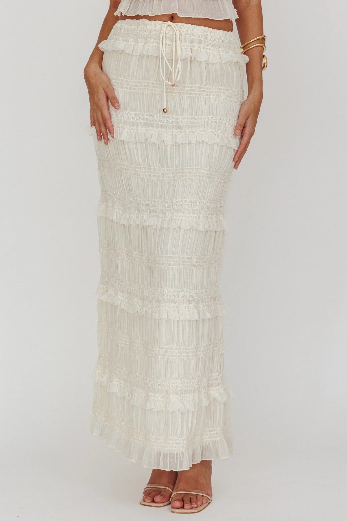 Falda larga Helios con fruncido y lentejuelas beige
