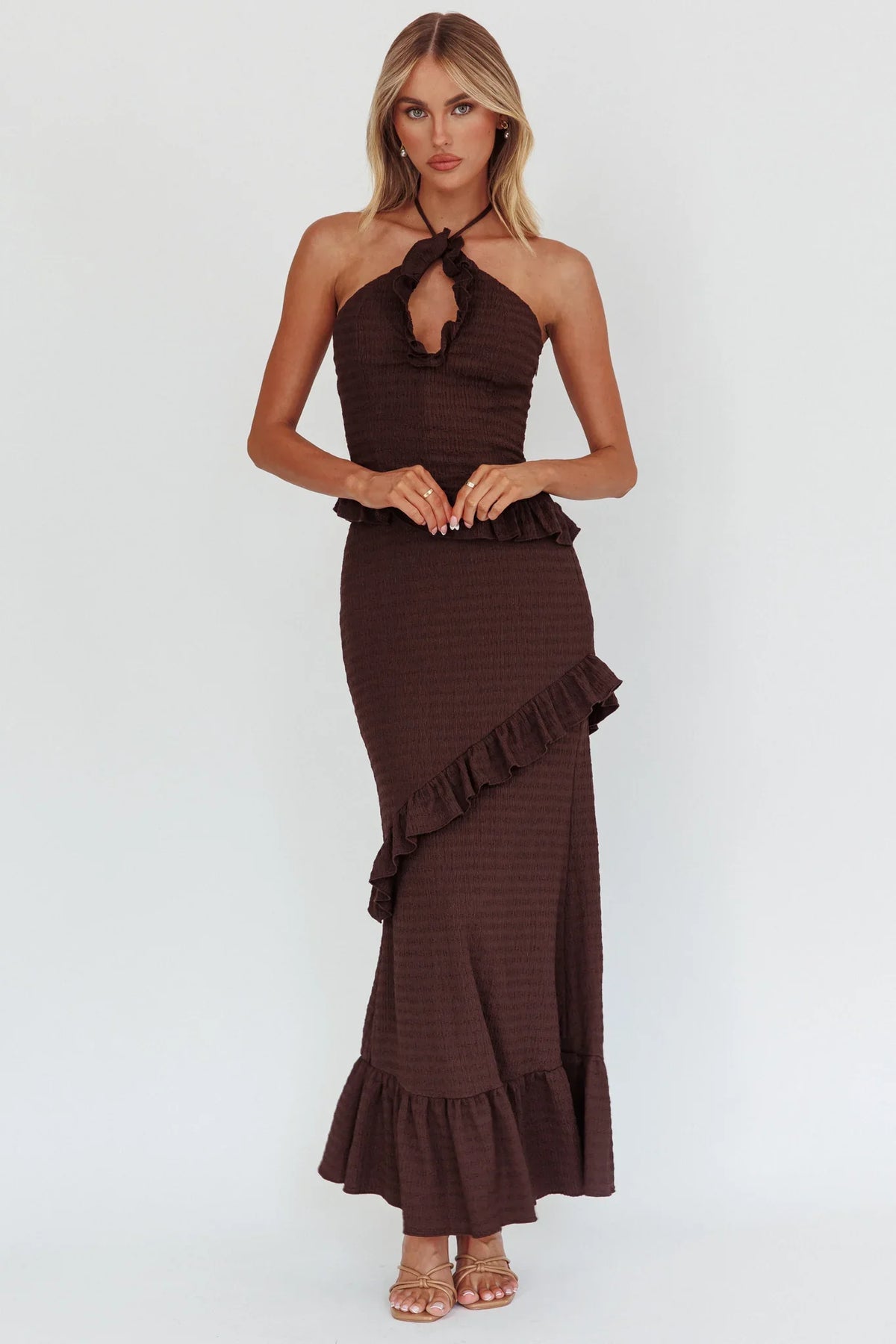 Vestido largo con volantes fruncidos Clemence - Chocolate