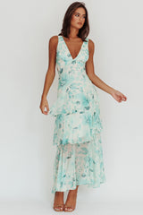 Vestido maxi Veda com babados e alças nas costas, floral verde
