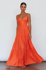 Vestido Longo de Alça com Detalhe na Cintura Laranja Tangerina