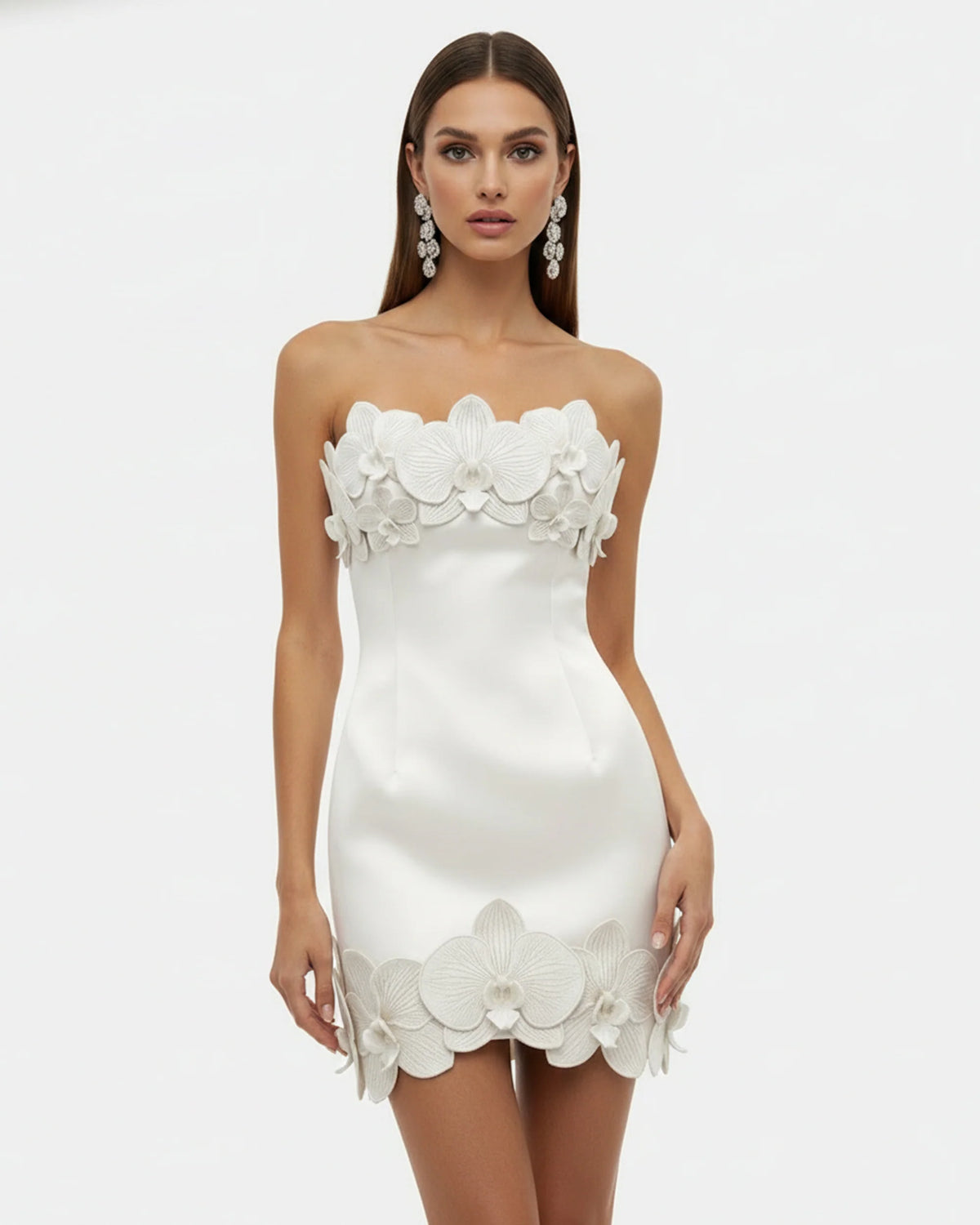 Orchid Trim Strapless Mini Dress - White