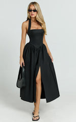 Vestido Midi Helda - Vestido com Painel de Corset e Amarração Halter no Pescoço em Preto