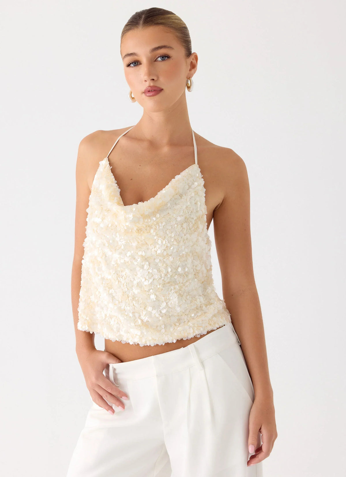 Top de lentejuelas Amelita - Marfil