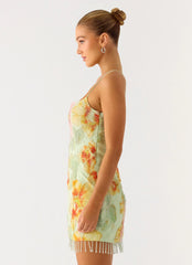 Minivestido Gatiana con lentejuelas y abalorios - Verde floral con abalorios
