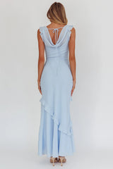 Vestido Longo Sangria Azul com Gola Drapeada e Babados
