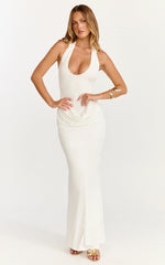 Heath Maxi Dress - Scoop Halter Neck With Drape Front Skirt Back Split Dress in Off White