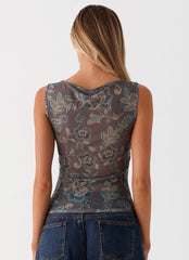 Top de malla Alana - Floral marrón