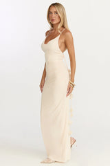 Vestido longo Penny - Vestido com flores 3D e decote drapeado em creme