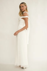 Vestido longo plissado ombro a ombro Quinnae branco