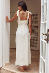 Vestido Longo Mykonos Ombro de Amarrar Bordado Bege