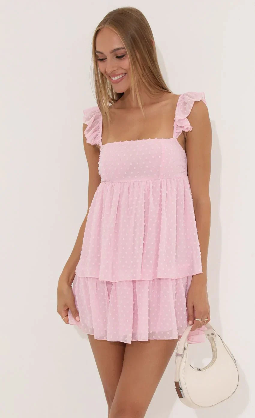 Vestido Ruffle de Chiffon Poá em Rosa