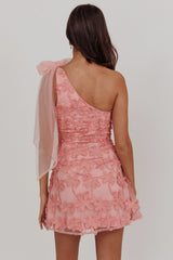 Mini Vestido Mykonos Morning de Um Ombro Só com Amarração Embelezado Rosa