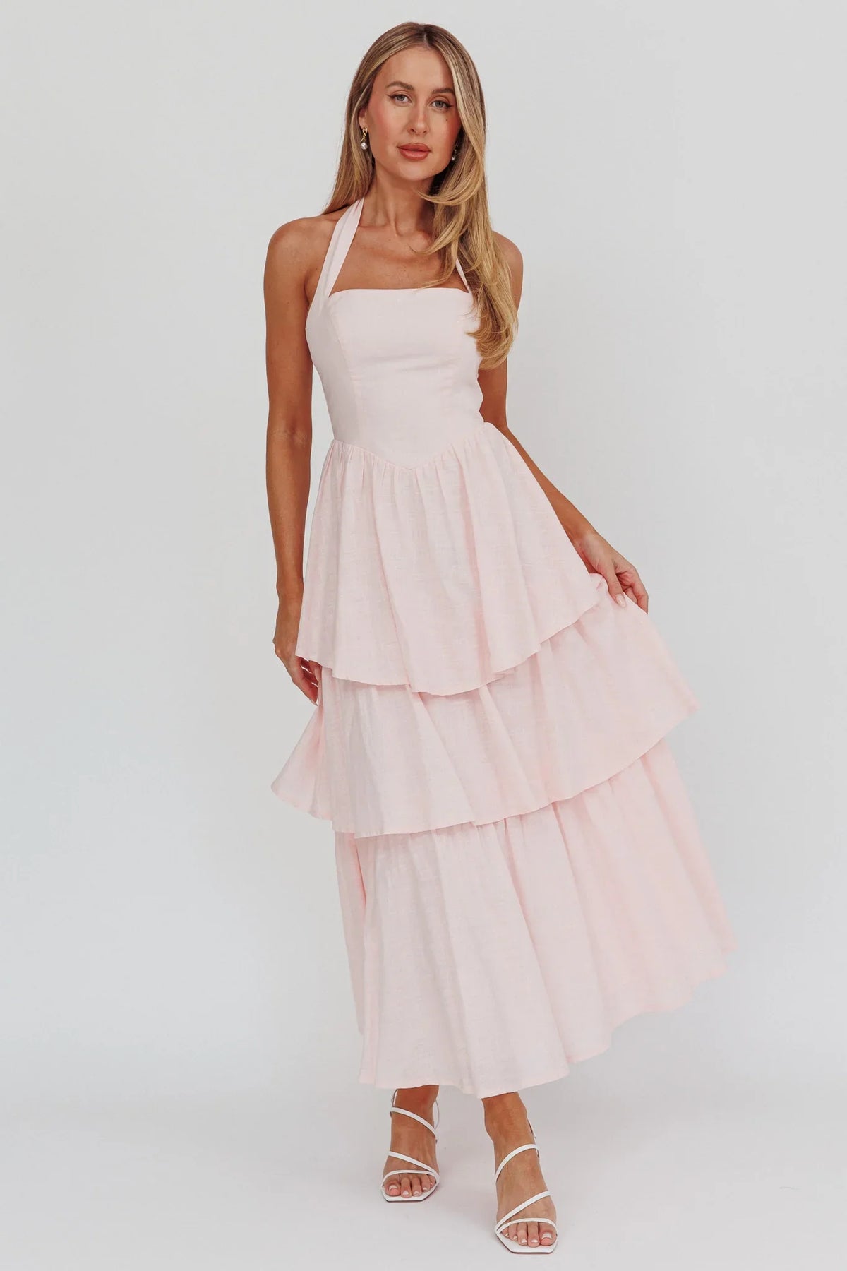 Vestido longo Shaya com babados em camadas rosa