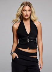Top Rina con cuello halter y cinturón - Negro