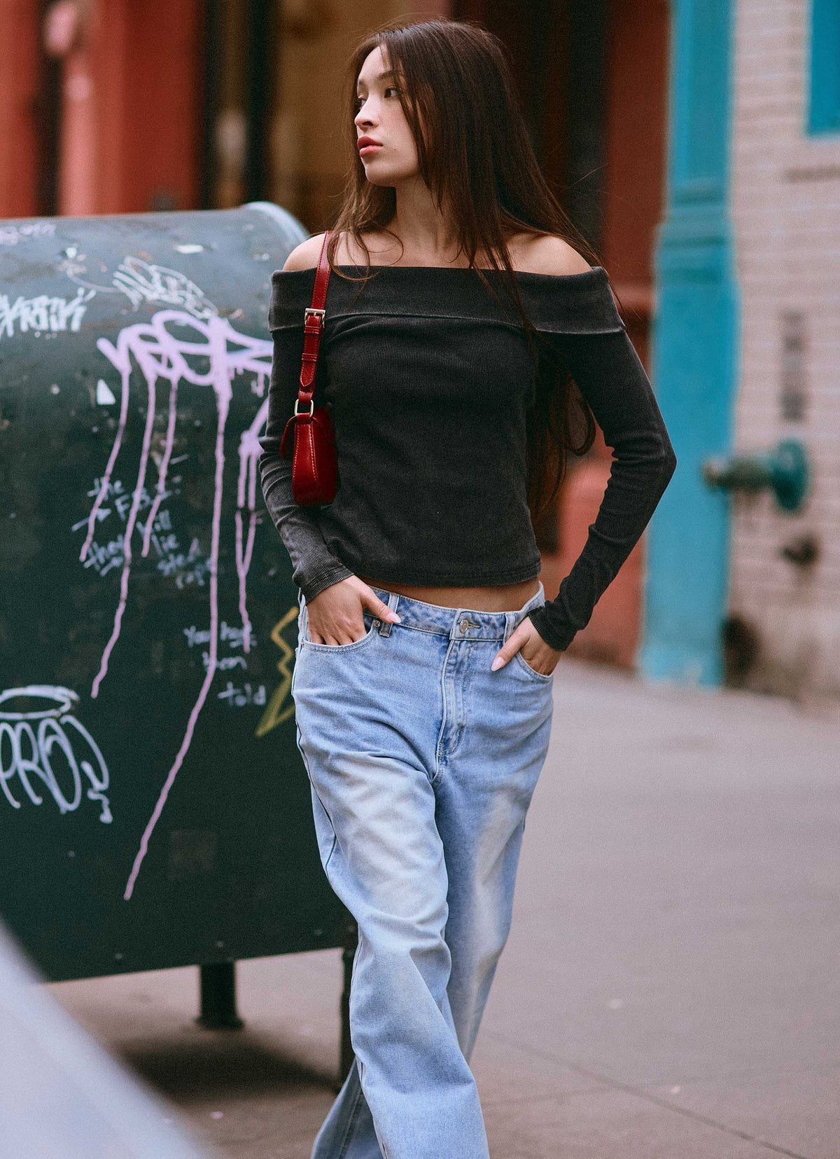 Blusa Canelada Hayley Manga Longa - Cinza Carvão Acid Wash