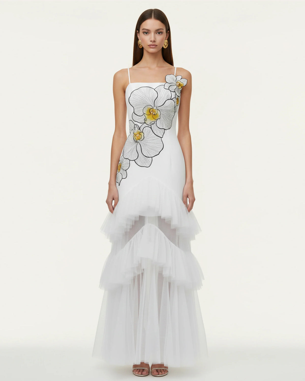 Orchid Embroidered Ruffled Tulle Strapless Maxi Dress - White