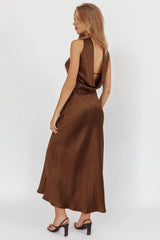Vestido Maxi Halter Reverso Cetim Chocolate Damsel