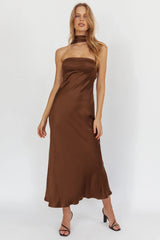 Vestido Maxi Halter Reverso Cetim Chocolate Damsel