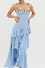 Vestido Renda Floral Com Babados Em Camadas Rose Garden Azul