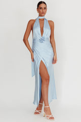 Vestido Longo Italia Azure com Roseta e Gola Halter Azul