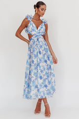 Vestido largo con espalda de cordones Madara estampado floral azul