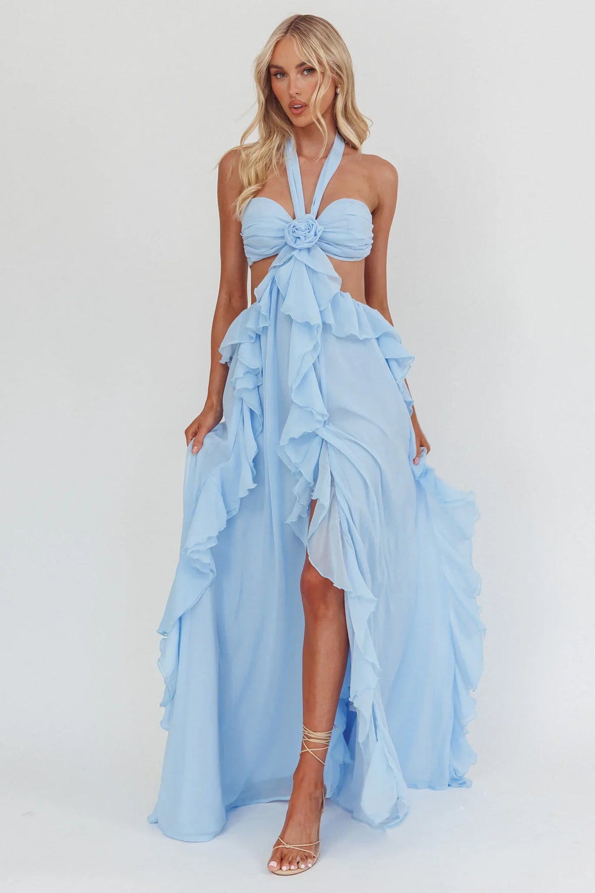 Vestido longo com babados e recortes Santiago Azul-Gelo