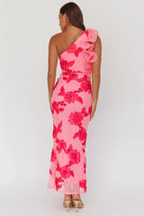 Vestido maxi Deanna con un hombro y volantes rosa floral
