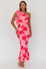 Vestido maxi Deanna con un hombro y volantes rosa floral