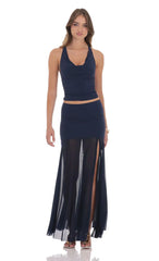 Top halter gola drapeada azul marinho