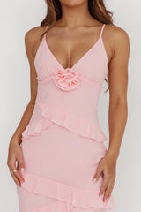 Marlie - Vestido largo de gasa con rosetón y volantes, color rubor