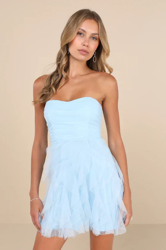 Mini Vestido Tomara que Caia Franzido de Tule Azul Claro Charming Beauty