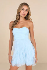 Mini Vestido Tomara que Caia Franzido de Tule Azul Claro Charming Beauty