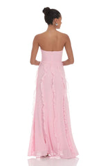Vestido Longo Chiffon Rosette Ruffle Rosa