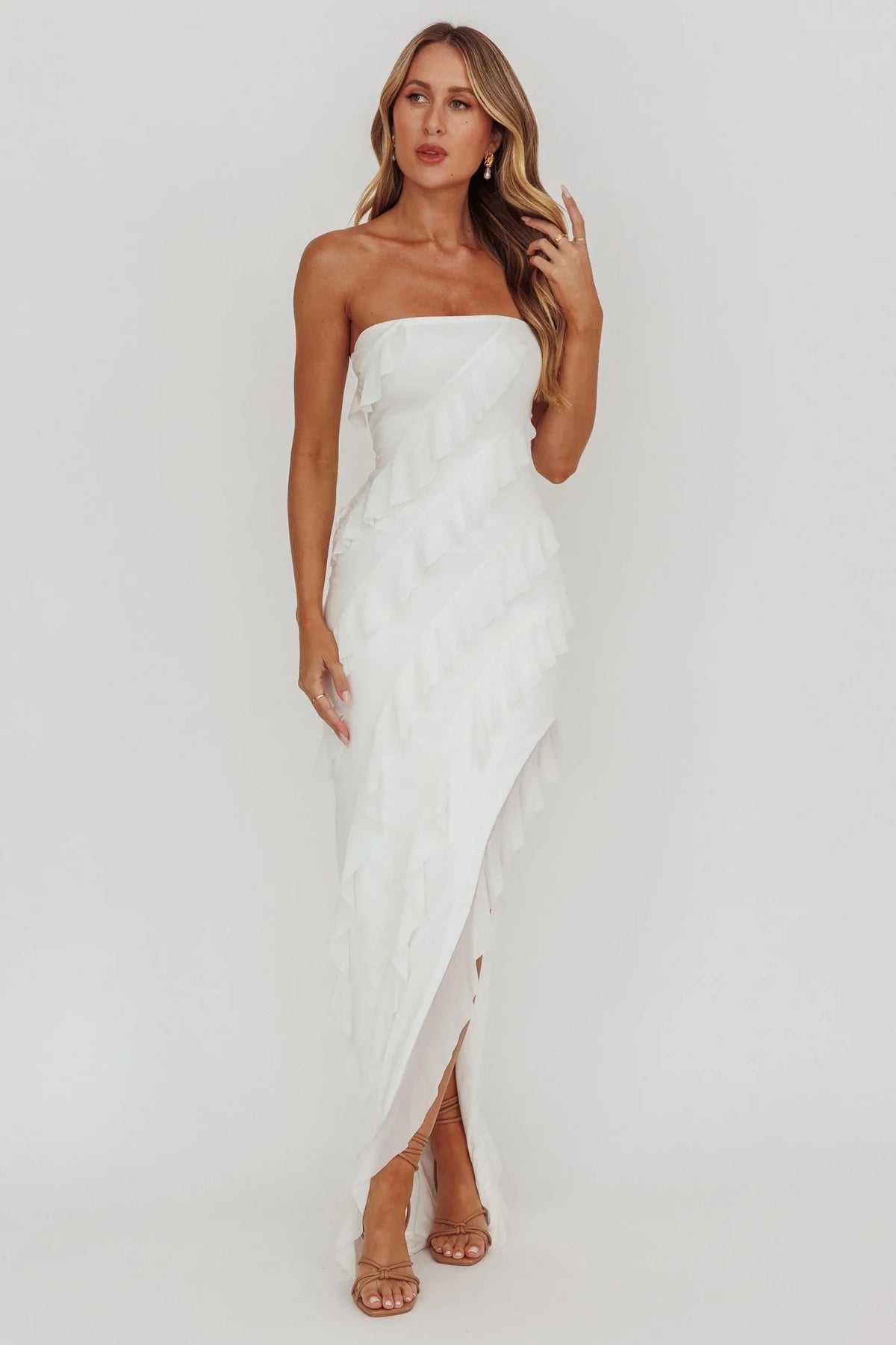 Vestido Maxi Tomara que Caia com Babados Just Friends Off White