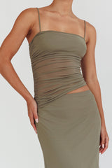 Vestido Longo Lorely com Corpete Franzido Verde-Oliva