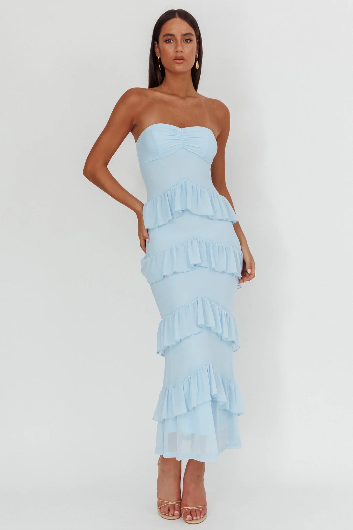 Vestido Maxi Azul com Babados e Decote Coração Dulce Dreams