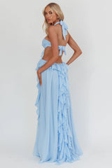 Vestido longo com babados e recortes Santiago Azul-Gelo