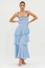 Vestido Renda Floral Com Babados Em Camadas Rose Garden Azul