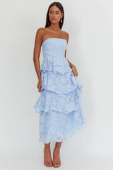Vestido Midi Giavana sem Alças com Camadas Relevo Floral Azul