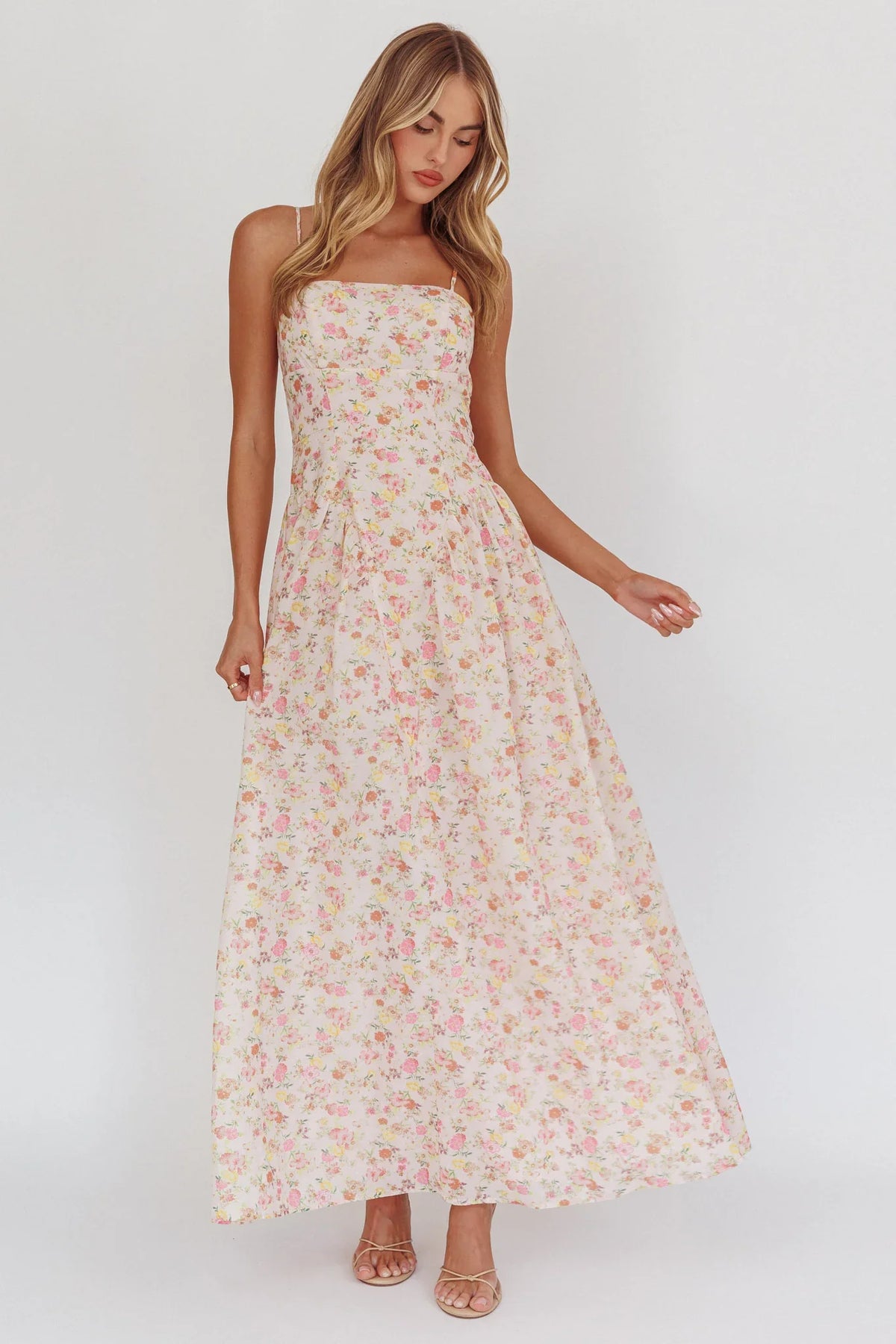 Vestido longo floral rosa Daisy Day com corpete estilo basque