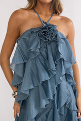 Vestido longo Oceara com alças finas e babados azul-ardósia