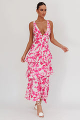 Vestido Longo Veda com Babados e Alças Cruzadas Estampa Floral Fuchsia