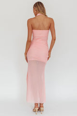 Vestido Maxi Rosa Rebekkah Halterneck com Faixa Lateral
