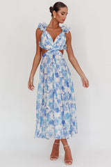Vestido largo con espalda de cordones Madara estampado floral azul