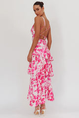 Vestido Longo Veda com Babados e Alças Cruzadas Estampa Floral Fuchsia
