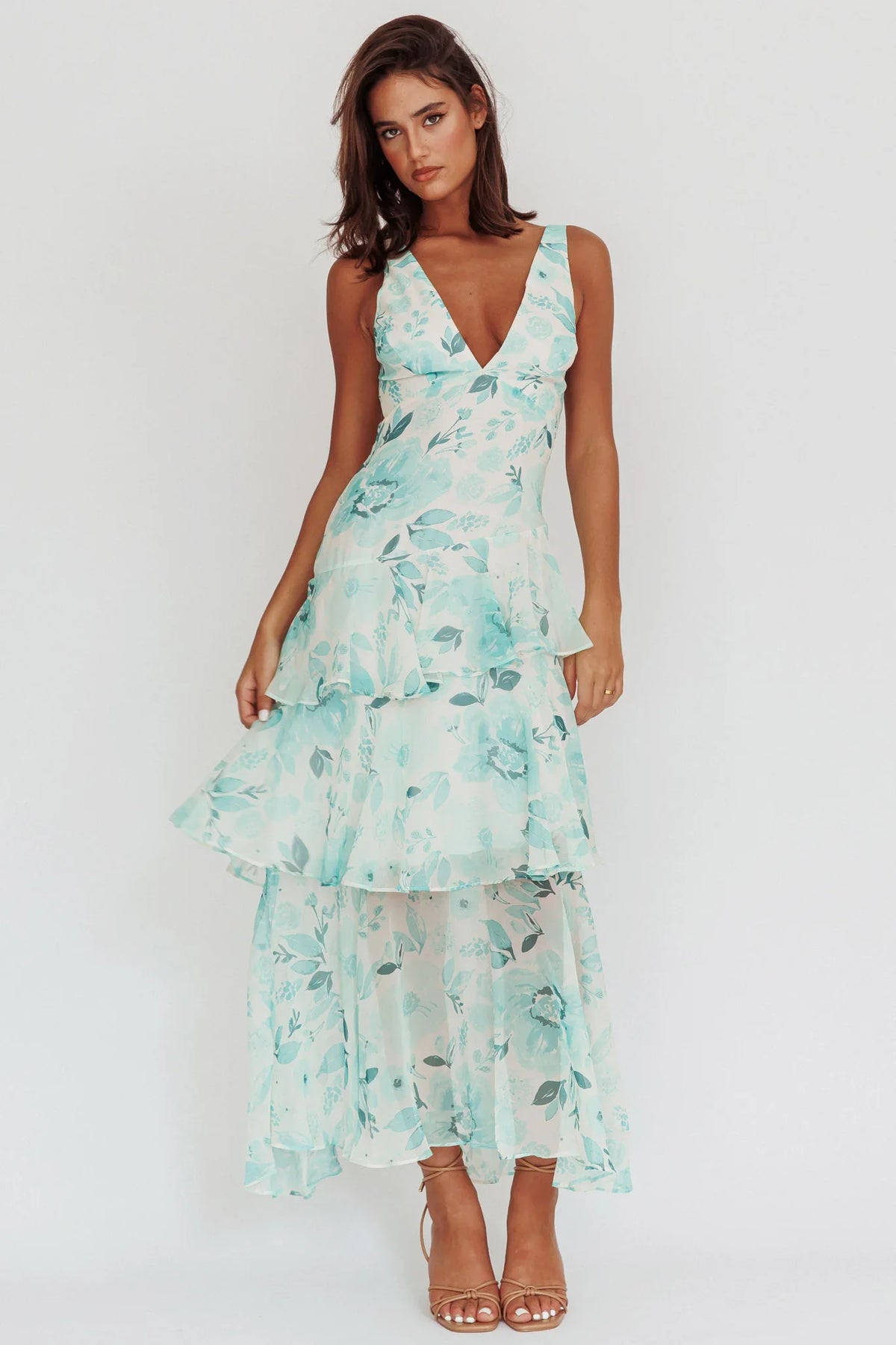 Vestido maxi Veda com babados e alças nas costas, floral verde