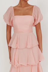 Vestido Longo Giavana em Camadas com Mangas Bufantes Rosa Bebê