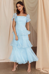 Vestido midi azul Delwynn con mangas abullonadas y capas