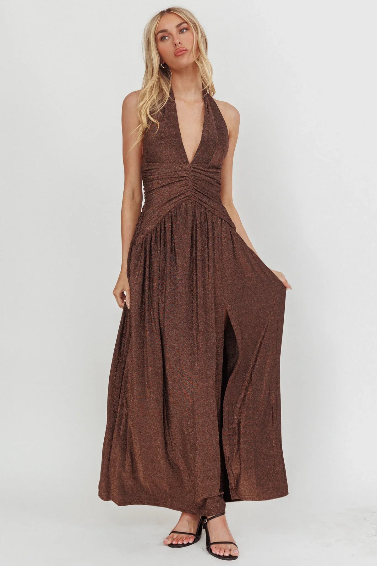 Vestido longo com cintura franzida Italia Azure Shimmer Chocolate